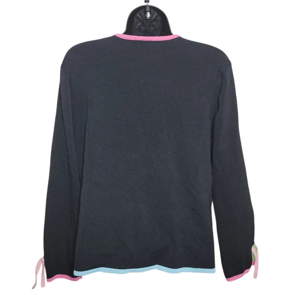 MTWT 9-5 Black Knit Cardigan Sweater with Pastel Neon Trim & Ribbon Tie Front M - Picture 2 of 3